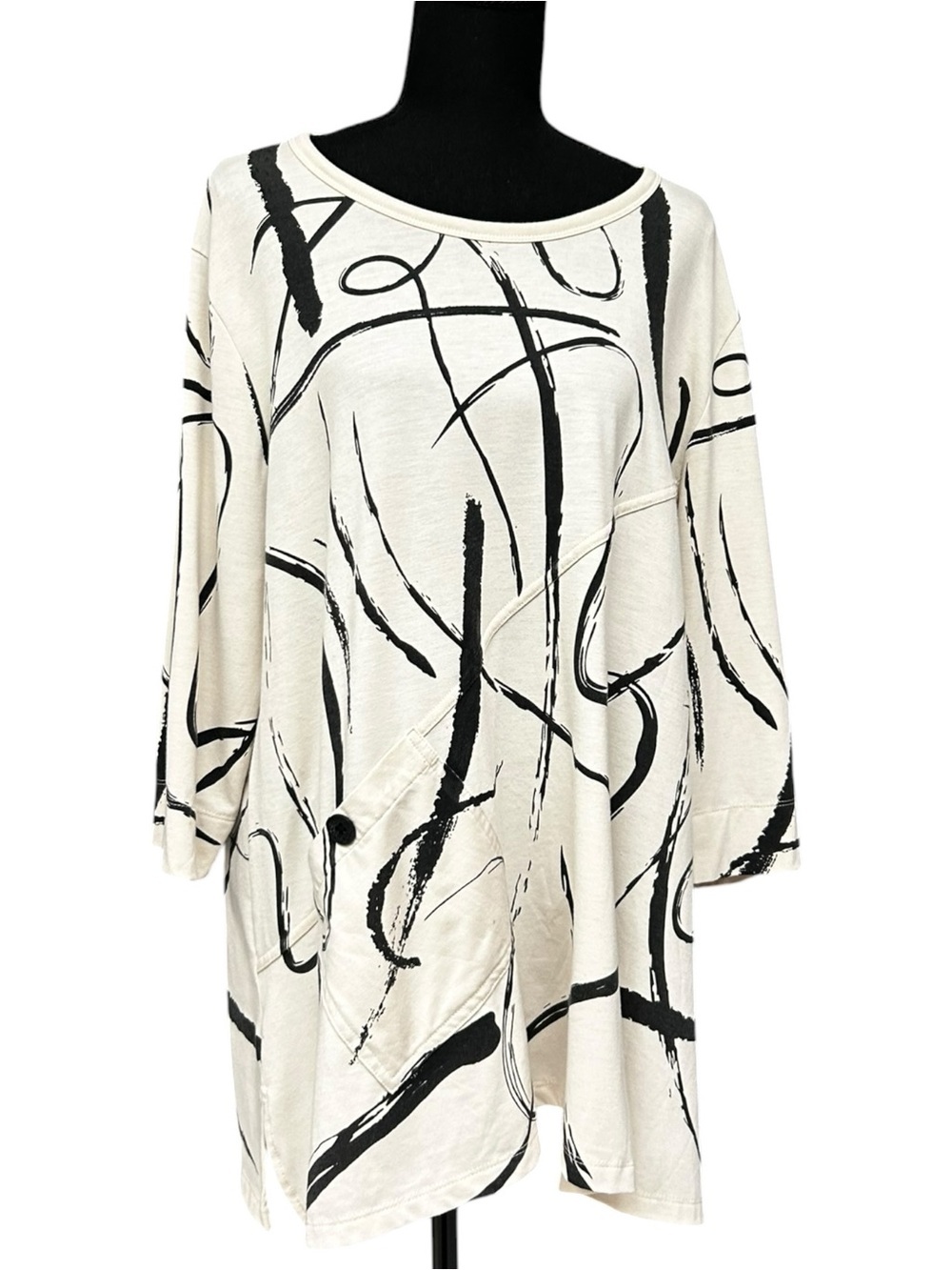 Seven Forty Two Ivory Black Abstract Print Tunic Top Large Brushstroke Print